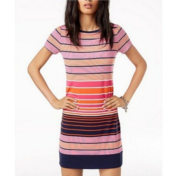 MICHAEL Michael Kors Abbey Striped Short Sleeve Shift Crew Dress - Picture 2 of 15